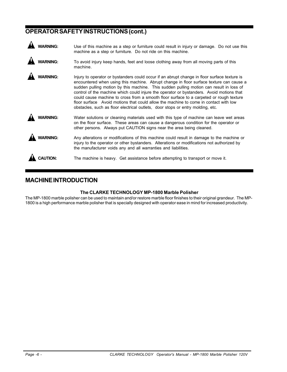 Machine introduction, Operator safety instructions (cont.) | Clarke Alto MP-1800 User Manual | Page 6 / 32