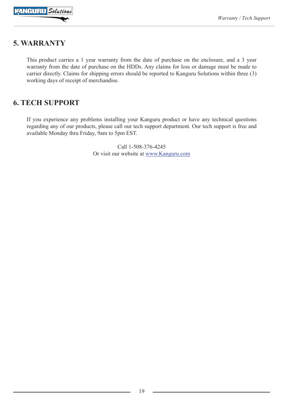 Warranty, Tech support | Kanguru QSX User Manual | Page 19 / 20