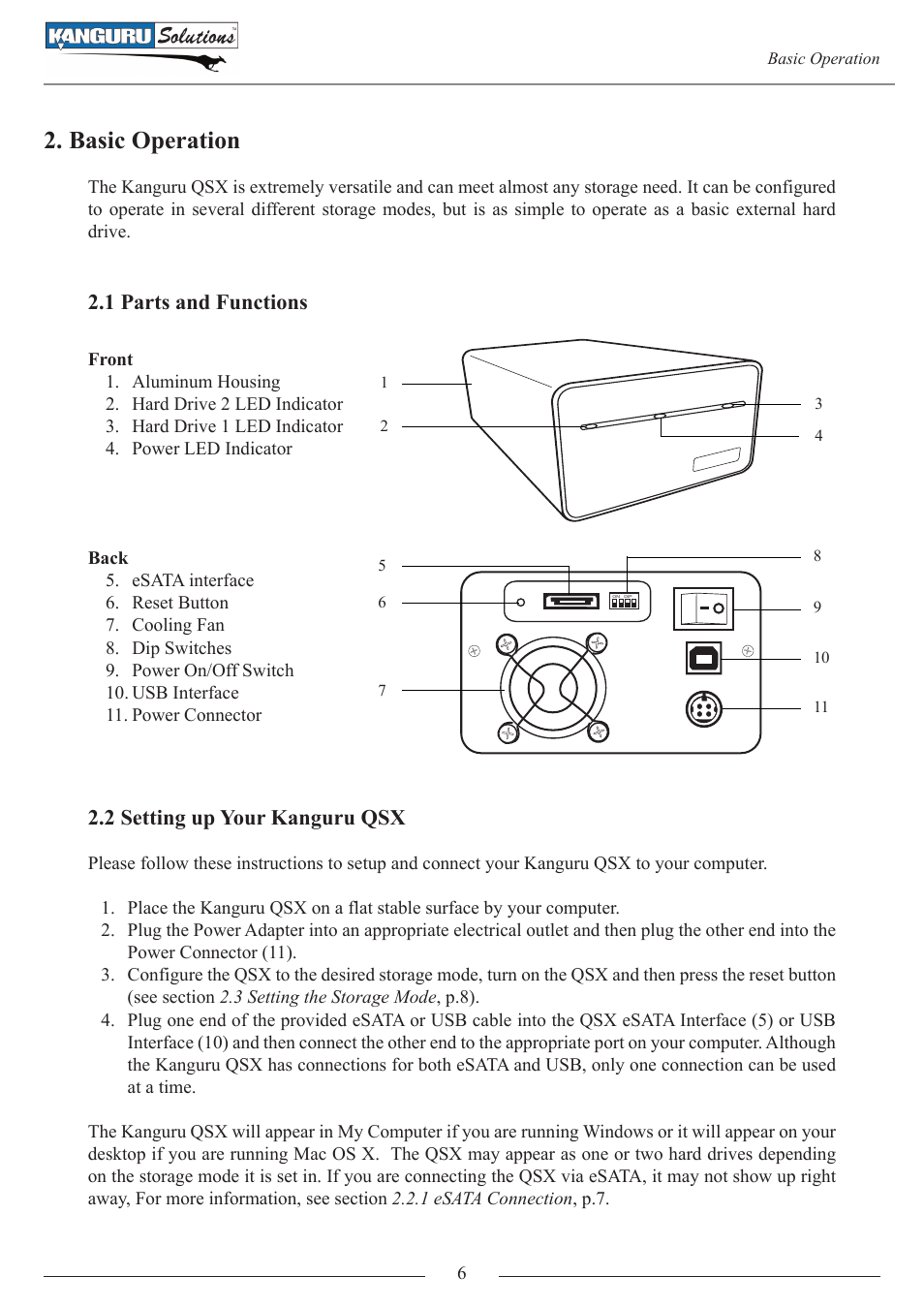 Basic operation, 1 parts and functions, 2 setting up your kanguru qsx | Kanguru QSX User Manual | Page 6 / 20