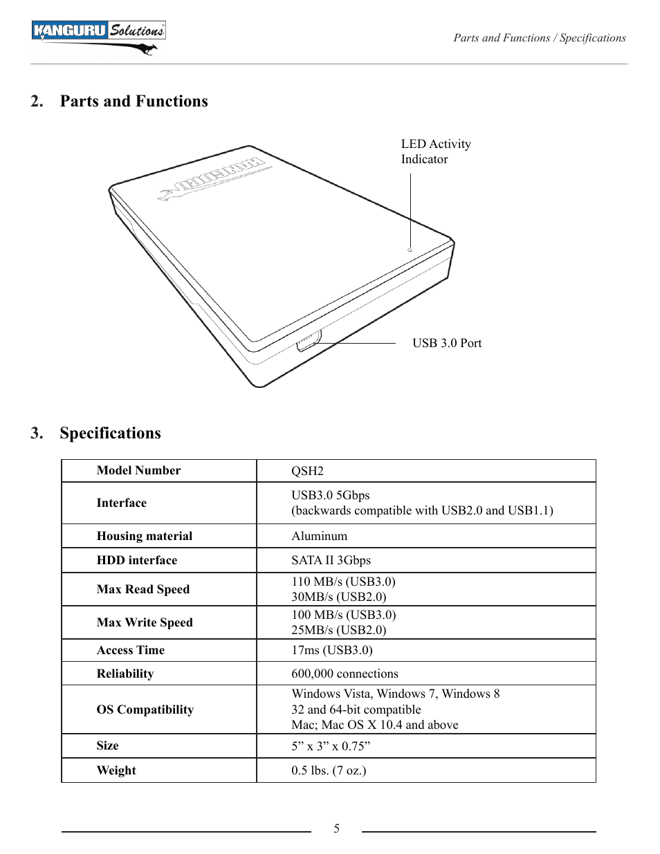 Parts and functions, Specifications | Kanguru QS Mobile User Manual | Page 5 / 9