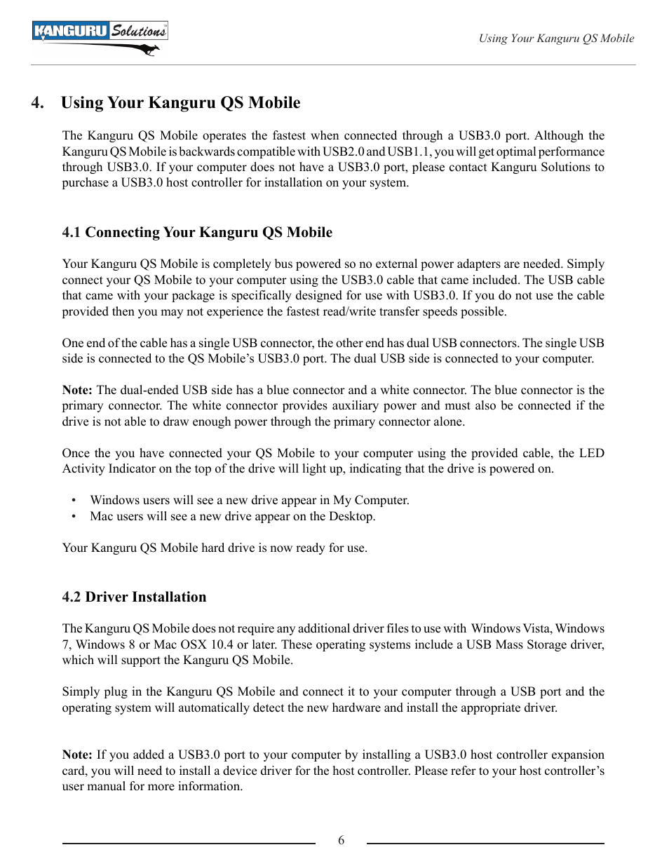 Using your kanguru qs mobile, Connecting your kanguru qs mobile, Driver installation | Kanguru QS Mobile User Manual | Page 6 / 9