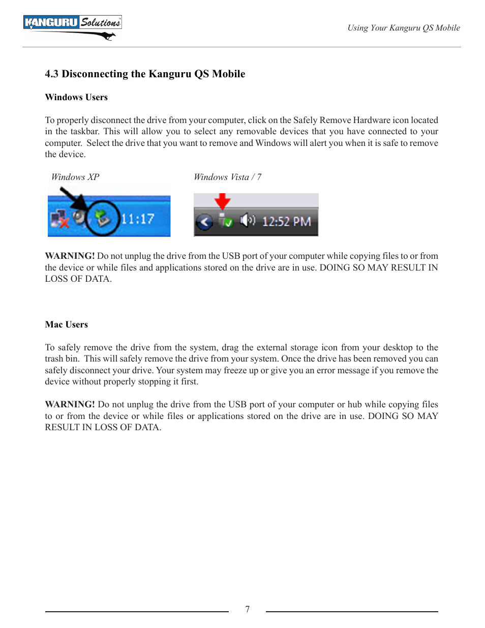 Disconnecting the kanguru qs mobile | Kanguru QS Mobile User Manual | Page 7 / 9