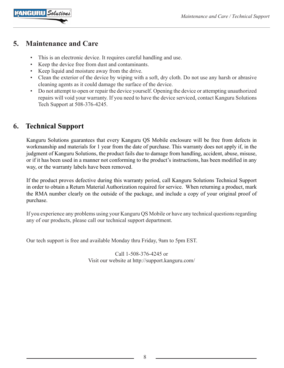 Maintenance and care, Technical support | Kanguru QS Mobile User Manual | Page 8 / 9