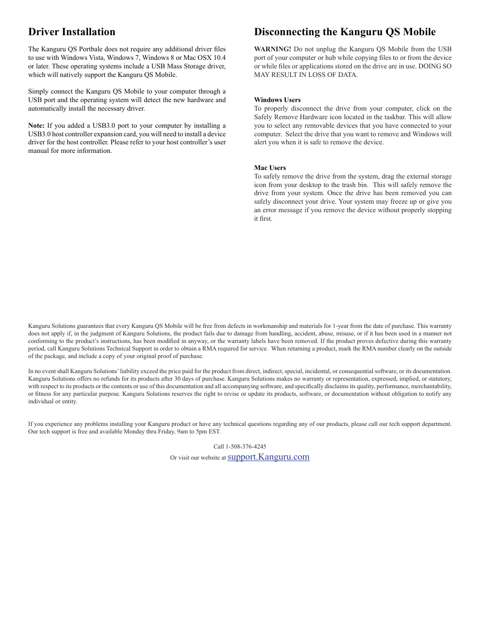 Driver installation, Disconnecting the kanguru qs mobile | Kanguru QS Mobile Quick Start User Manual | Page 2 / 2