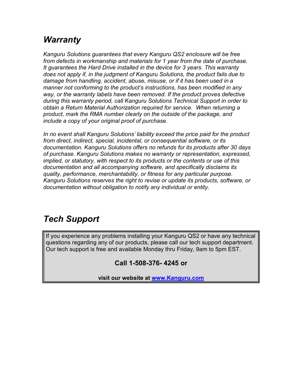 Warranty, Tech support | Kanguru QS2 User Manual | Page 12 / 12