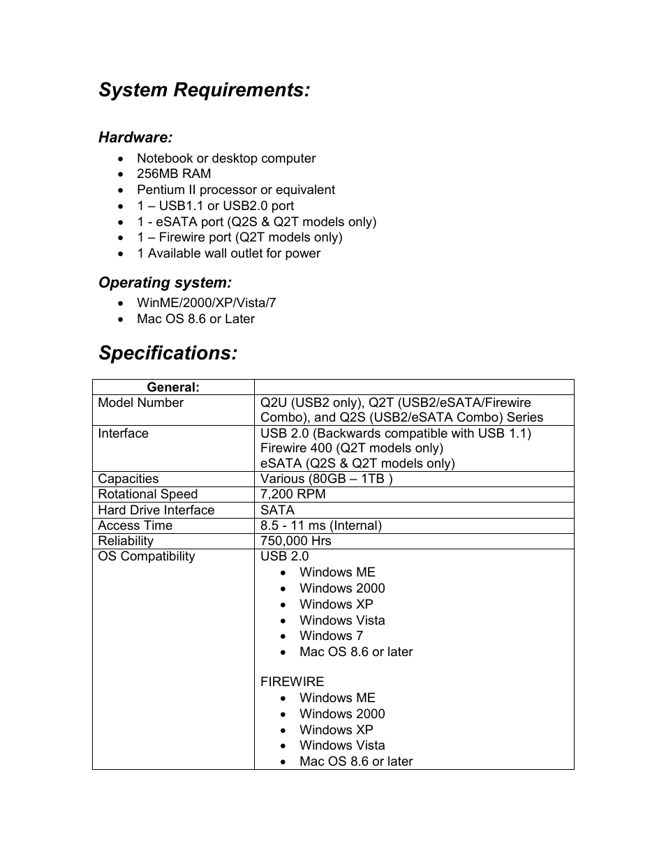 System requirements, Specifications | Kanguru QS2 User Manual | Page 5 / 12