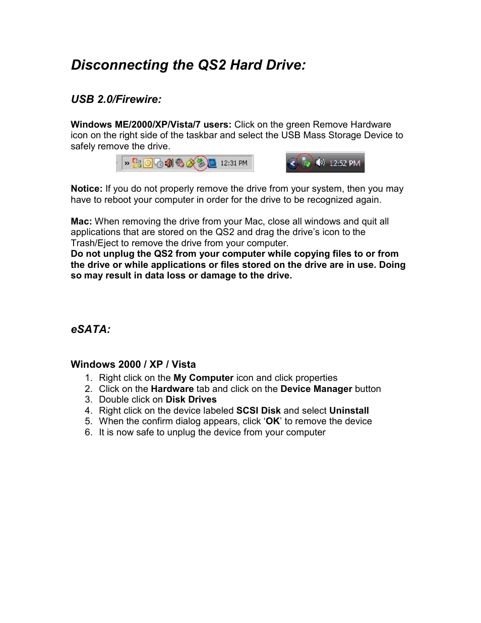 Disconnecting the qs2 hard drive | Kanguru QS2 User Manual | Page 8 / 12