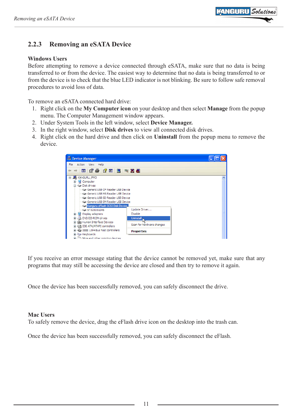 Removing an esata device | Kanguru QS2 v1.1 User Manual | Page 11 / 14