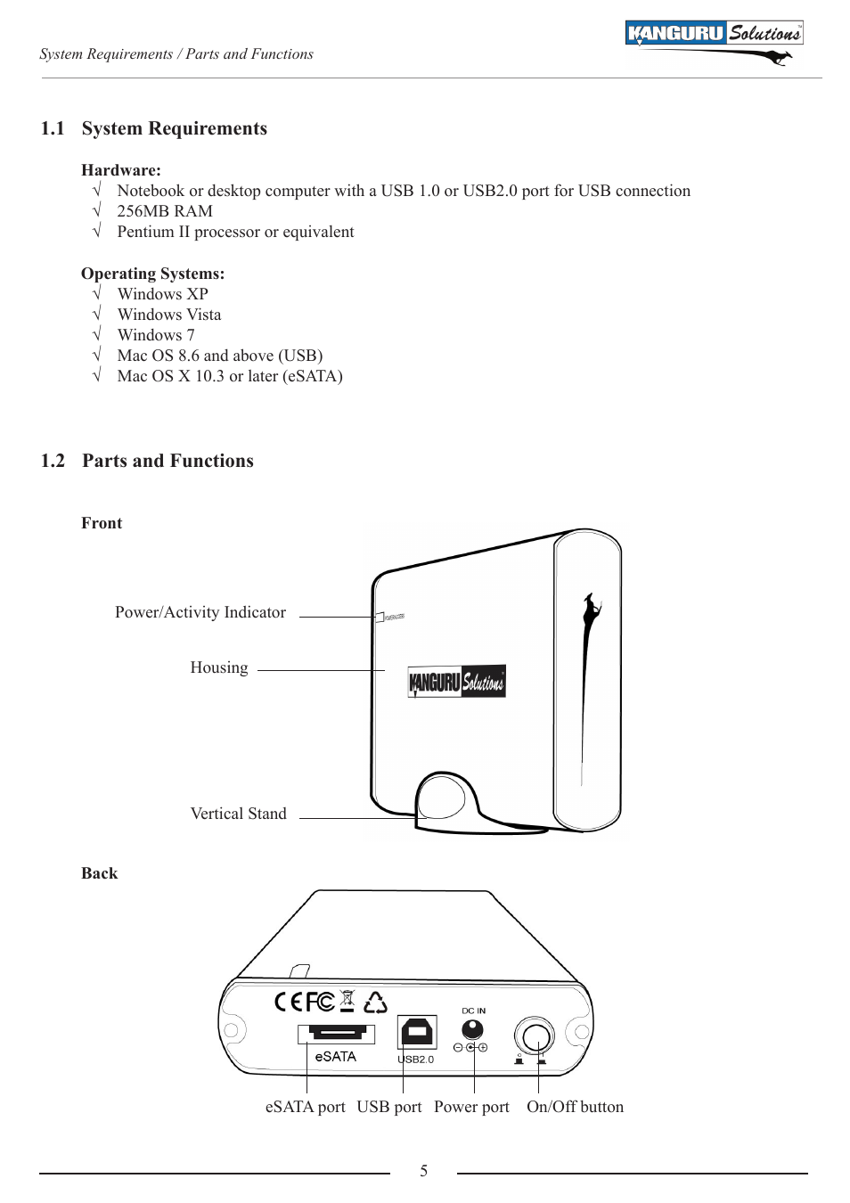 System requirements, Parts and functions | Kanguru QS2 v1.1 User Manual | Page 5 / 14