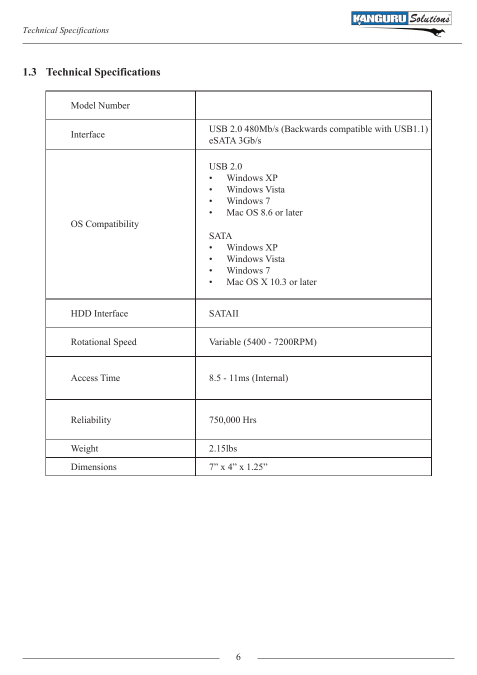 Technical specifications | Kanguru QS2 v1.1 User Manual | Page 6 / 14