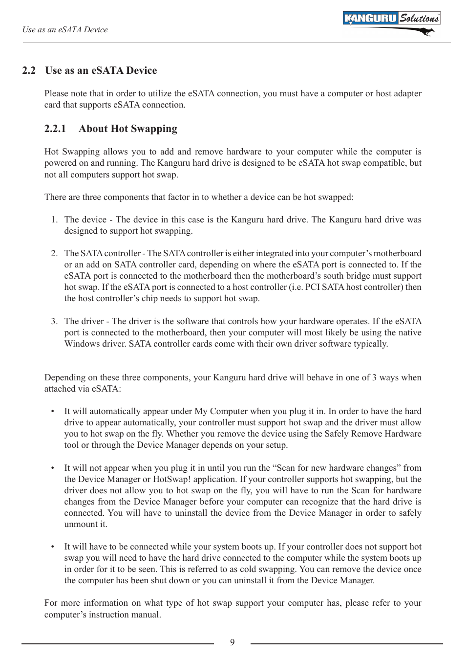 Use as an esata device, About hot swapping | Kanguru QS2 v1.1 User Manual | Page 9 / 14