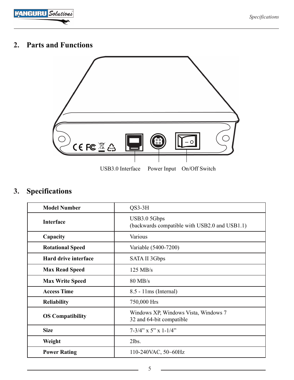 Parts and functions, Specifications | Kanguru QS3 User Manual | Page 5 / 10