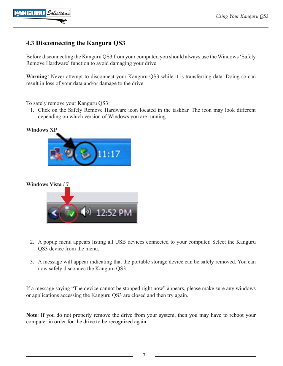 Disconnecting the kanguru qs3 | Kanguru QS3 User Manual | Page 7 / 10