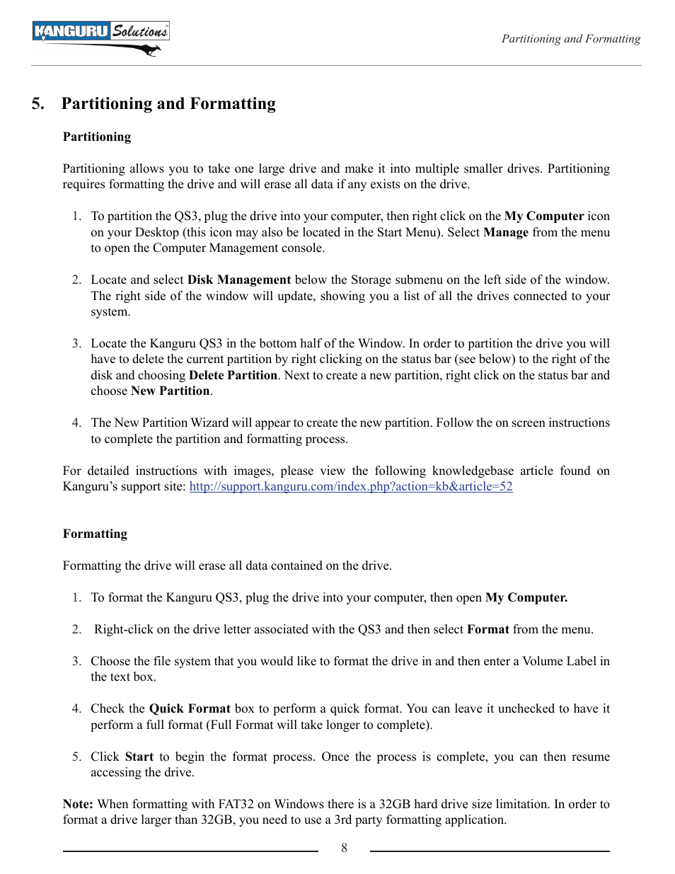 Partitioning and formatting | Kanguru QS3 User Manual | Page 8 / 10