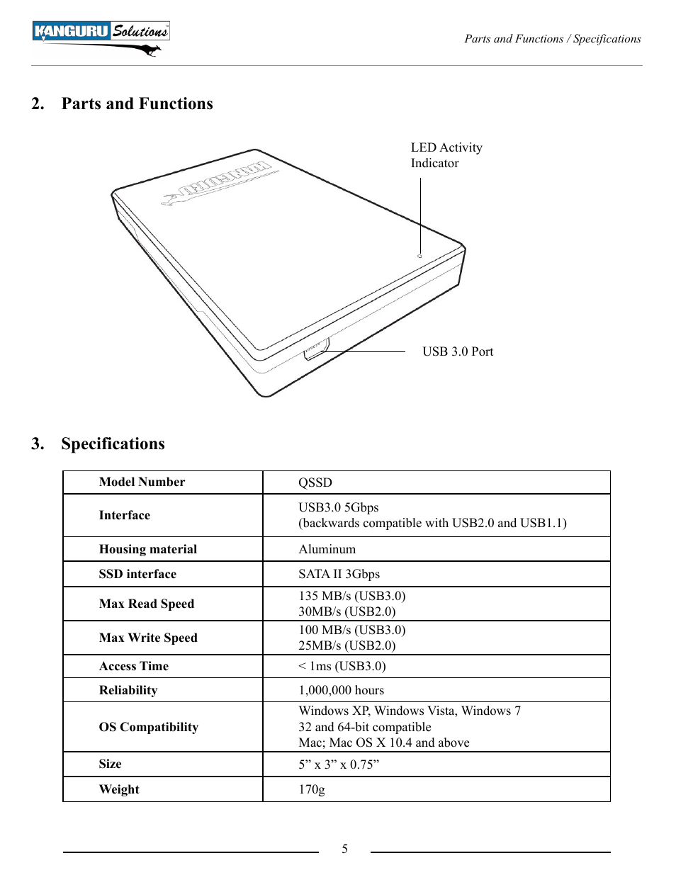 Parts and functions, Specifications | Kanguru QSSD v2 User Manual | Page 5 / 9