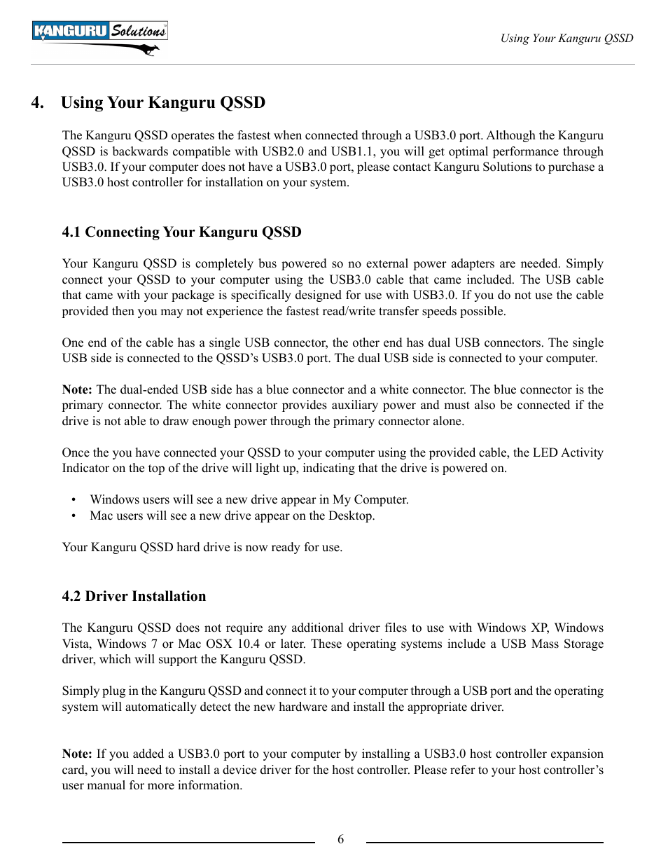 Using your kanguru qssd, Connecting your kanguru qssd, Driver installation | Kanguru QSSD v2 User Manual | Page 6 / 9