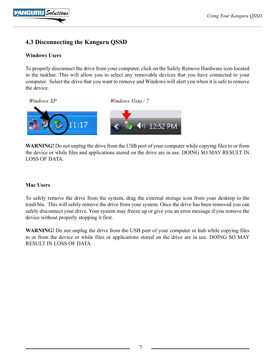 Disconnecting the kanguru qssd | Kanguru QSSD v2 User Manual | Page 7 / 9