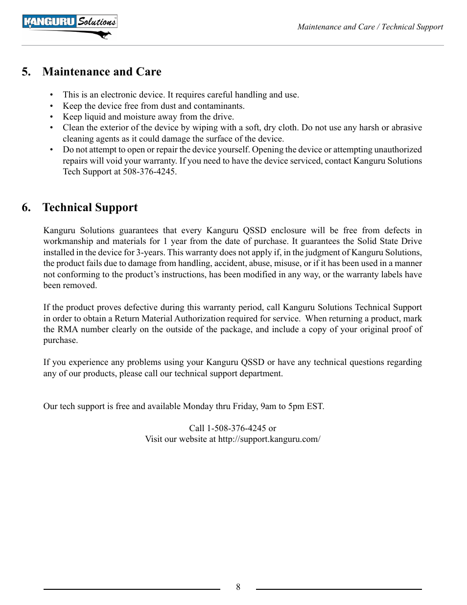Maintenance and care, Technical support | Kanguru QSSD v2 User Manual | Page 8 / 9