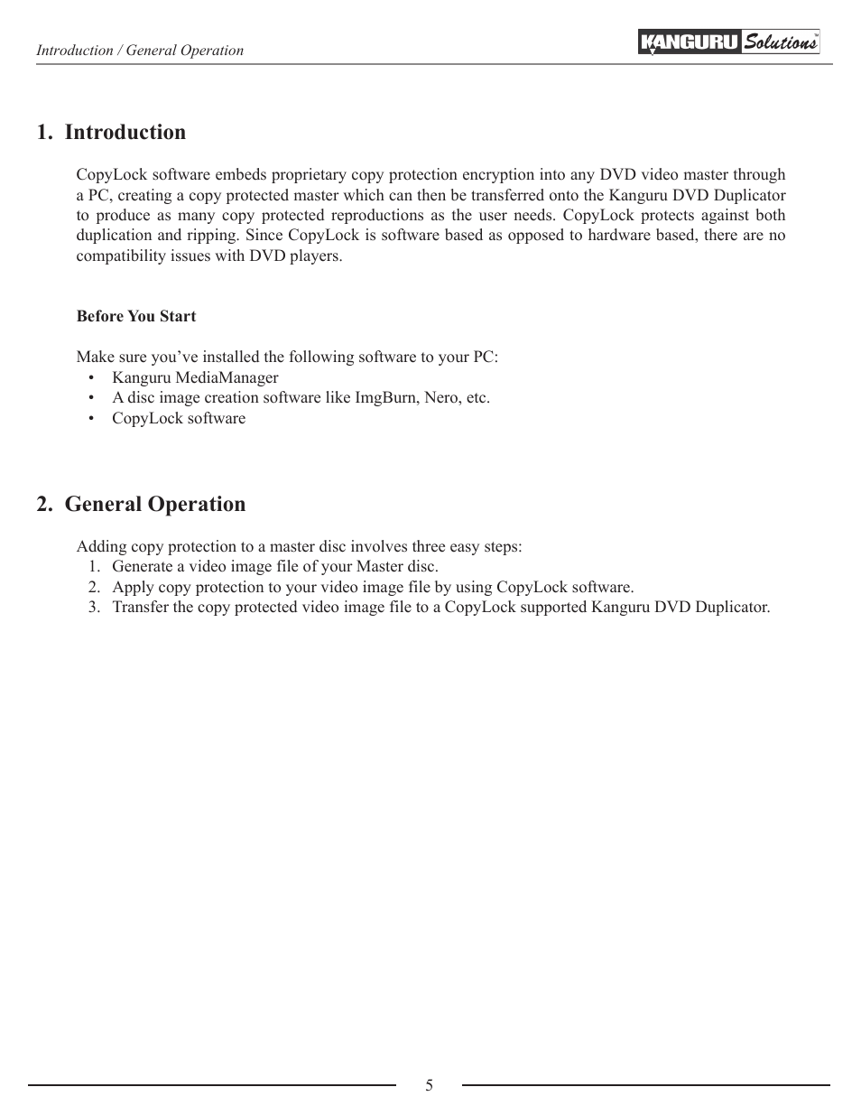 Introduction, General operation | Kanguru CopyLock User Manual | Page 5 / 10