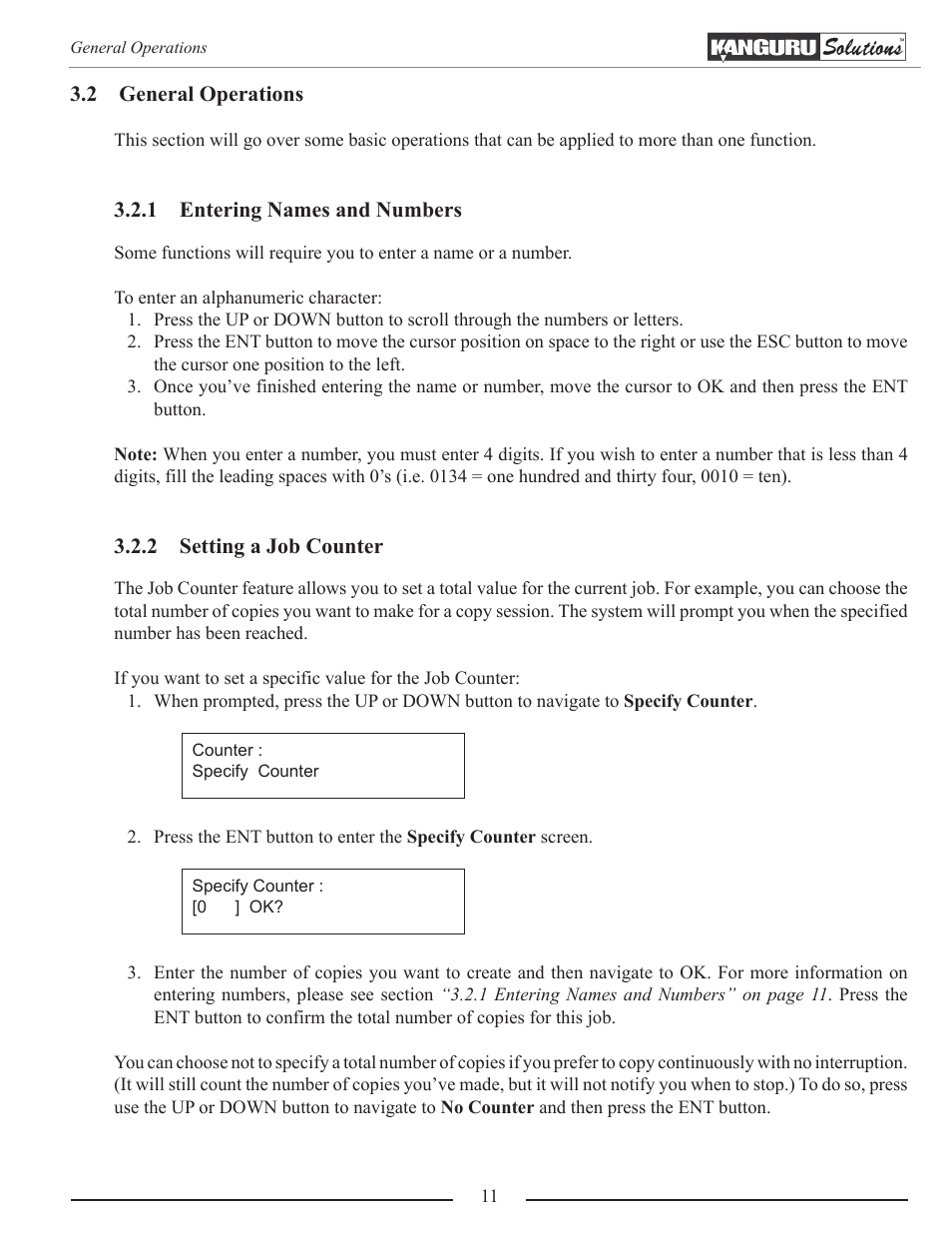 General operations, Entering names and numbers, Setting a job counter | Kanguru Optical Duplicator User Manual | Page 11 / 81