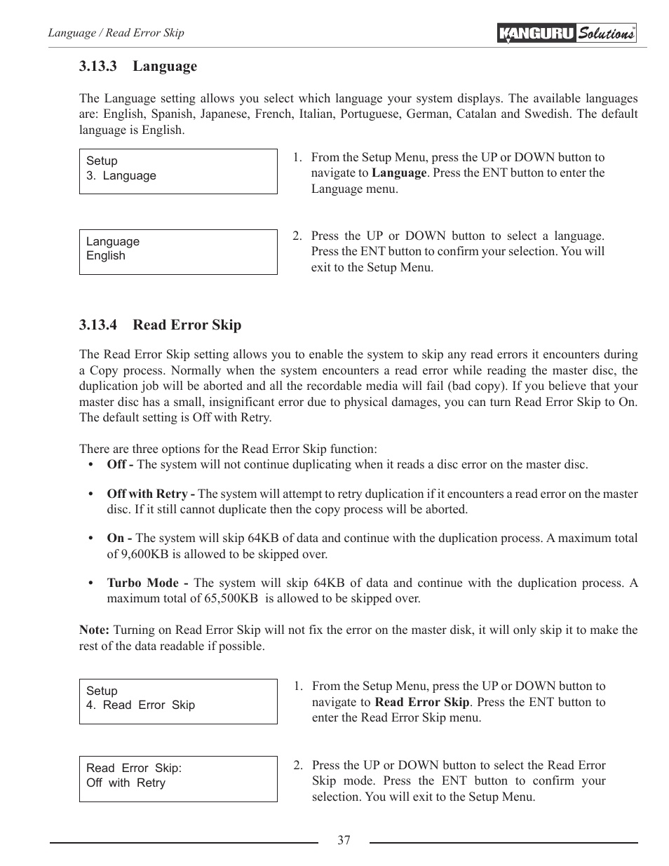 Language, Read error skip | Kanguru Optical Duplicator User Manual | Page 37 / 81