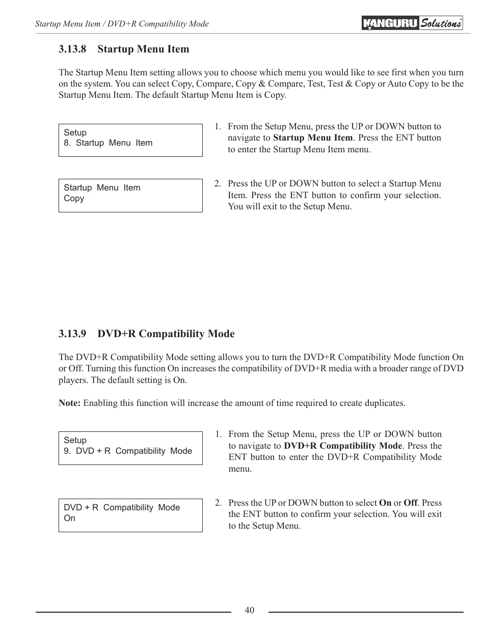 Startup menu item, Dvd+r compatibility mode | Kanguru Optical Duplicator User Manual | Page 40 / 81
