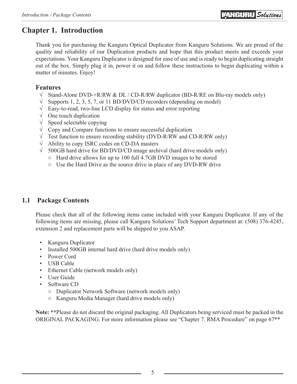 Chapter 1. introduction, Package contents | Kanguru Optical Duplicator User Manual | Page 5 / 81