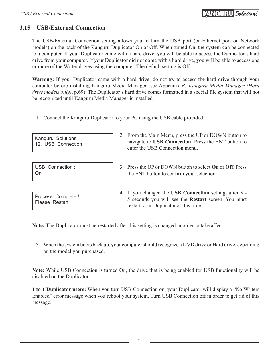 Usb/external connection | Kanguru Optical Duplicator User Manual | Page 51 / 81