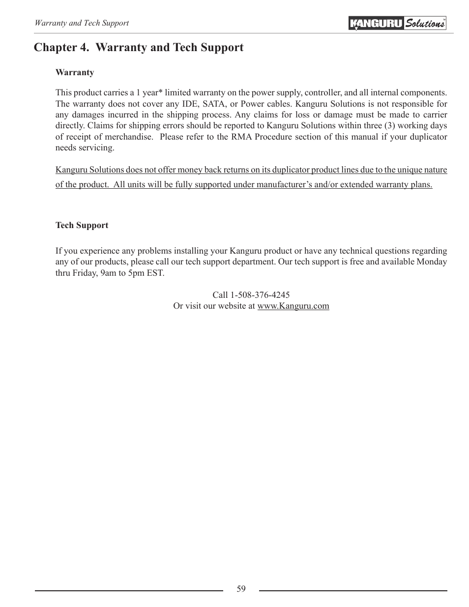 Chapter 4. warranty and tech support | Kanguru Optical Duplicator User Manual | Page 59 / 81