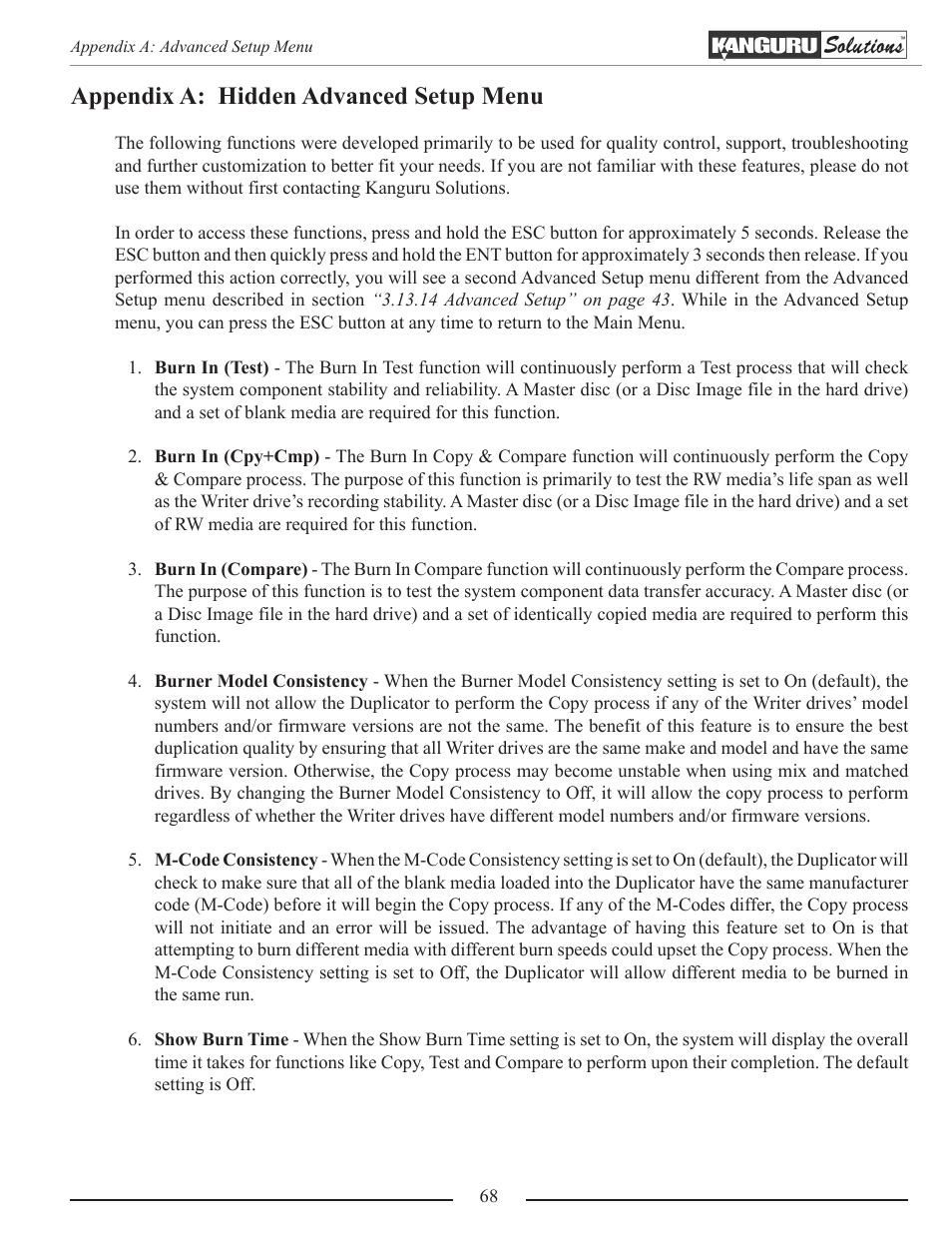 Hidden advanced setup menu, Appendix a: hidden advanced setup menu | Kanguru Optical Duplicator User Manual | Page 68 / 81