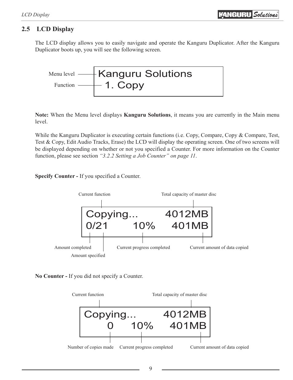 Lcd display, Kanguru solutions 1. copy | Kanguru Optical Duplicator User Manual | Page 9 / 81