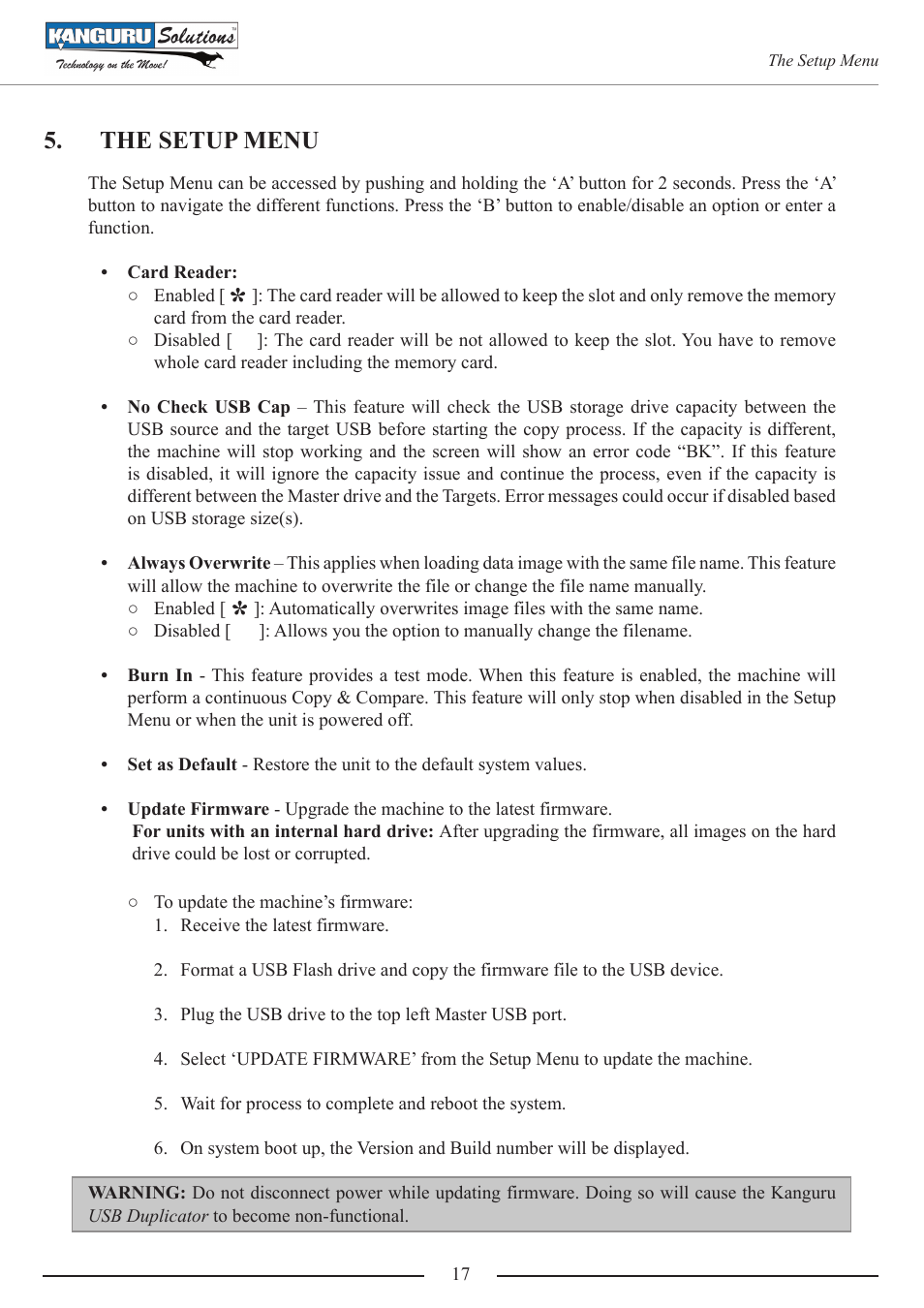 The setup menu | Kanguru KUSB-DUPE User Manual | Page 17 / 22