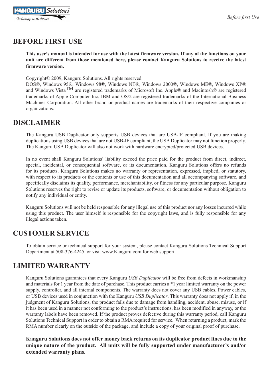 Before first use, Disclaimer, Customer service | Limited warranty | Kanguru KUSB-DUPE User Manual | Page 2 / 22