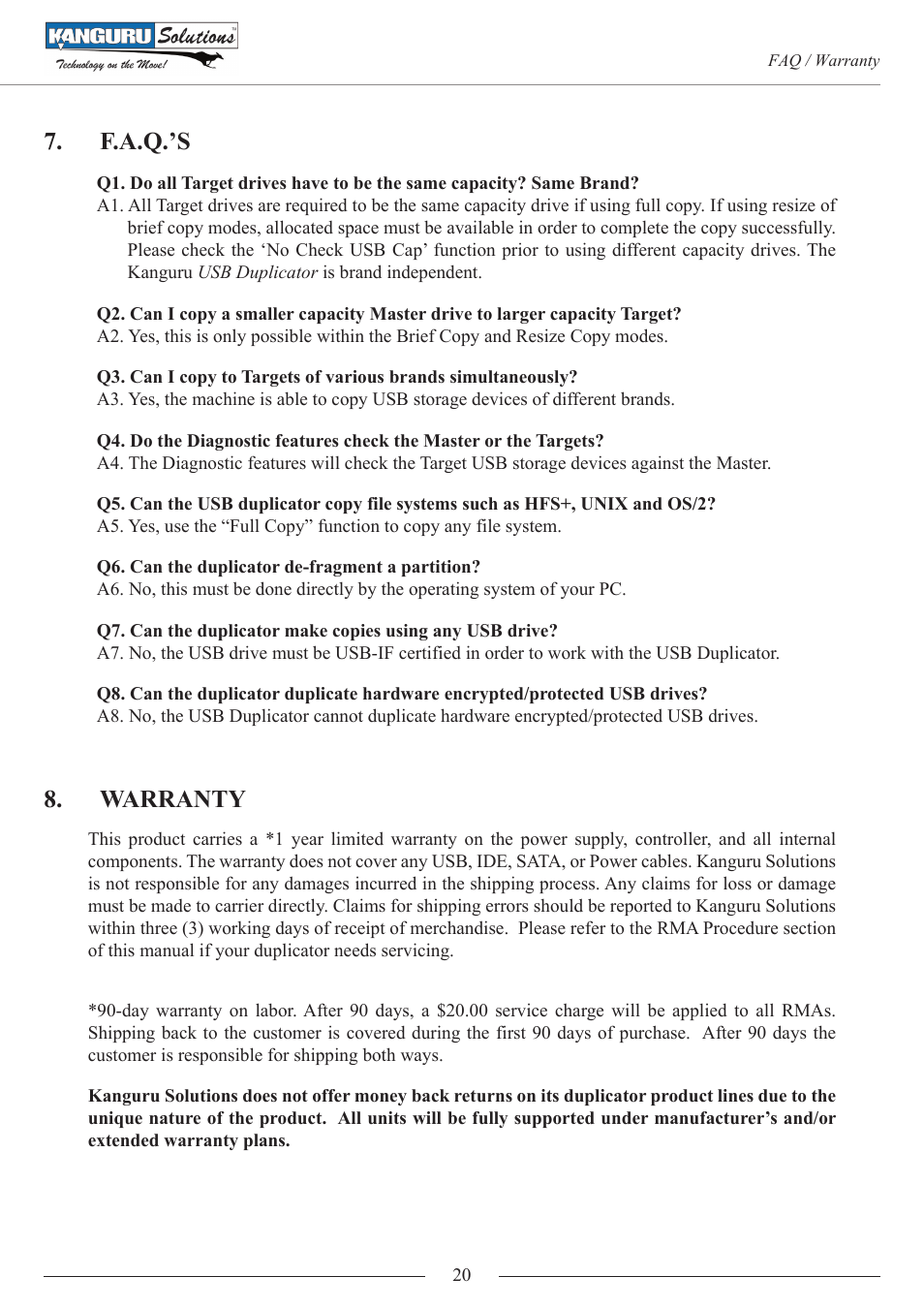 F.a.q.’s, Warranty | Kanguru KUSB-DUPE User Manual | Page 20 / 22