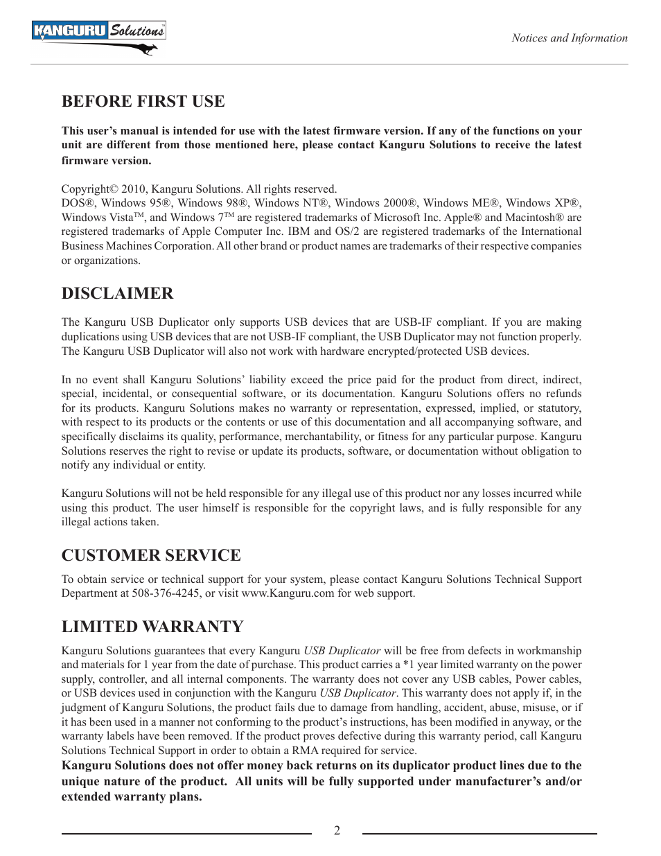 Before first use, Disclaimer, Customer service | Limited warranty | Kanguru U2D User Manual | Page 4 / 40