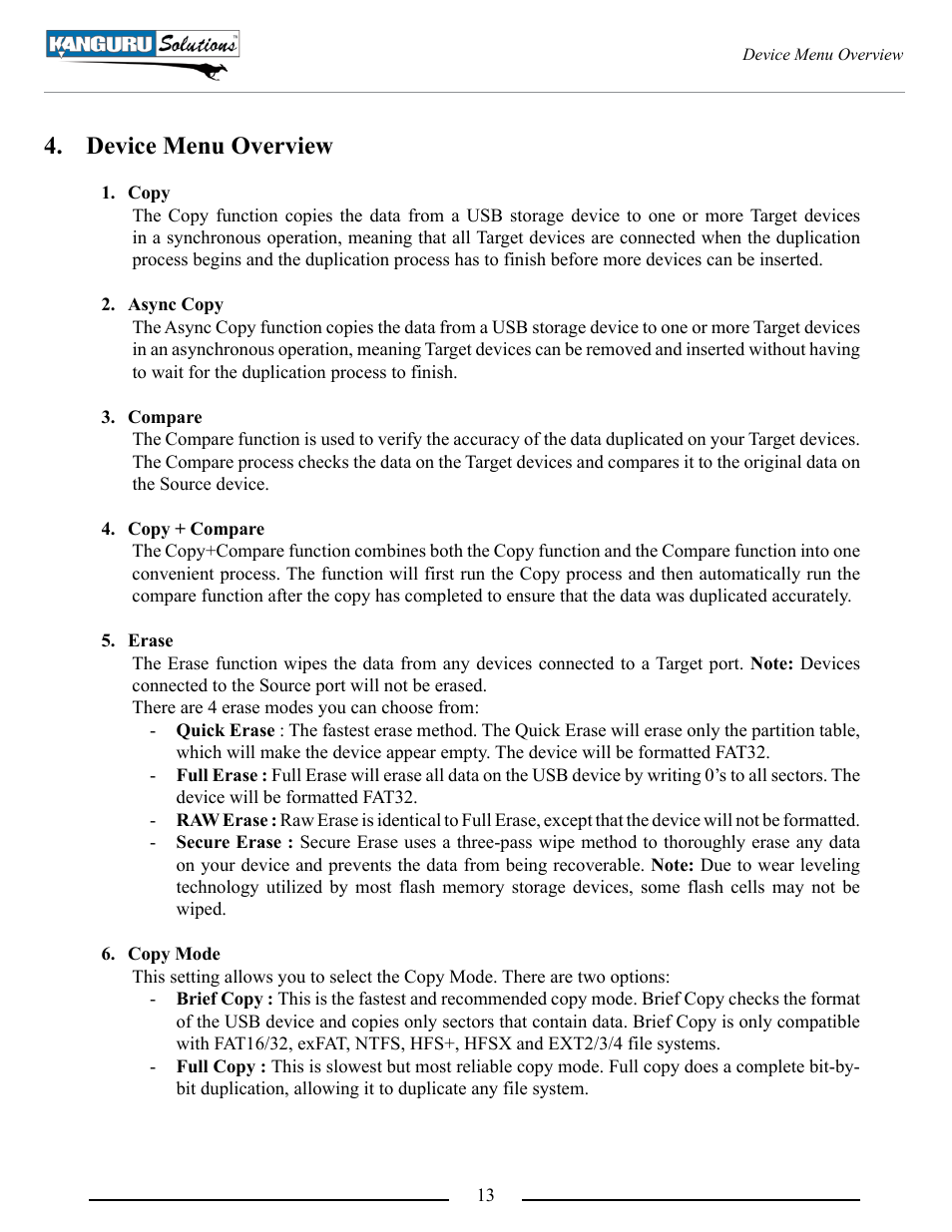 Device menu overview | Kanguru U2D2 User Manual | Page 13 / 26