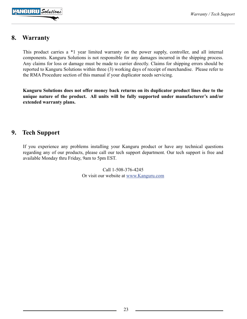 Warranty, Tech support | Kanguru U2D2 User Manual | Page 23 / 26