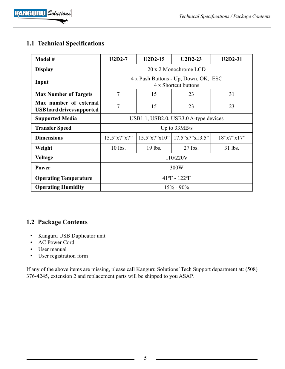 Technical specifications, Package contents | Kanguru U2D2 User Manual | Page 5 / 26