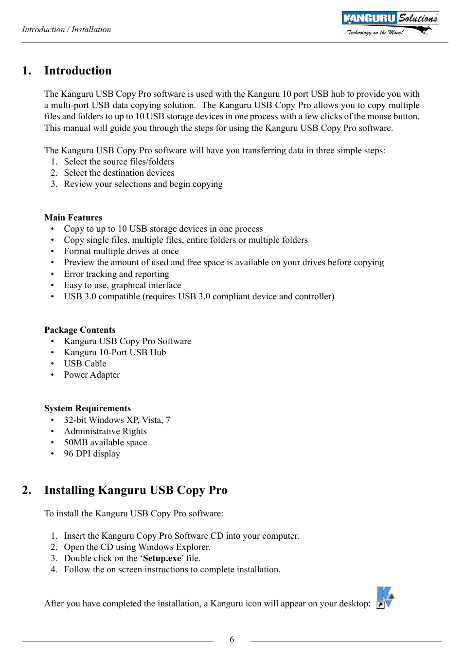 Introduction, Installing kanguru usb copy pro | Kanguru USB Copy Pro User Manual | Page 6 / 13