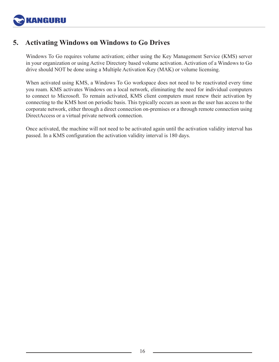 Activating windows on windows to go drives | Kanguru Mobile Workspace v100 User Manual | Page 16 / 21