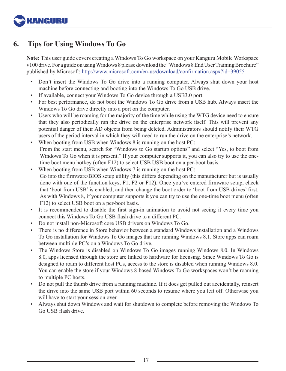 Tips for using windows to go | Kanguru Mobile Workspace v100 User Manual | Page 17 / 21