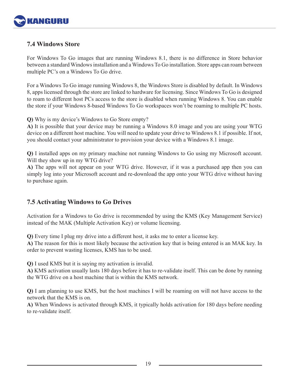 4 windows store, 5 activating windows to go drives | Kanguru Mobile Workspace v100 User Manual | Page 19 / 21