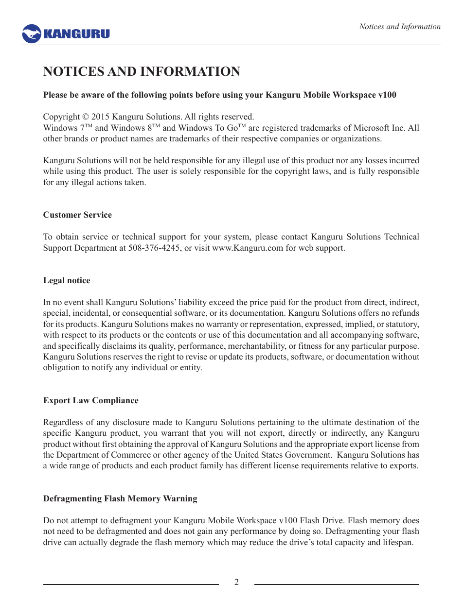 Notices and information | Kanguru Mobile Workspace v100 User Manual | Page 2 / 21