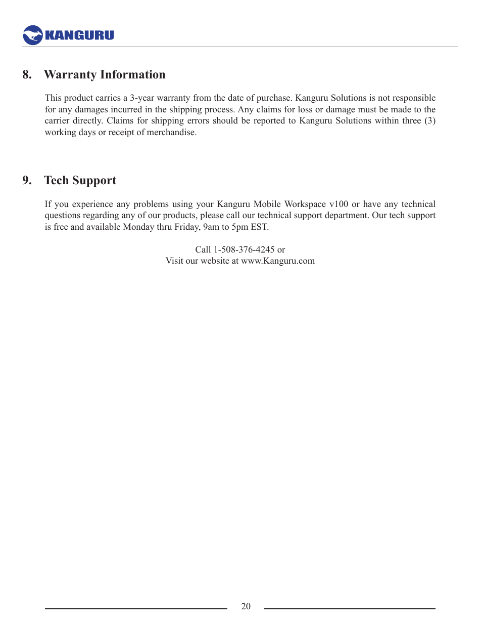 Warranty information, Tech support | Kanguru Mobile Workspace v100 User Manual | Page 20 / 21