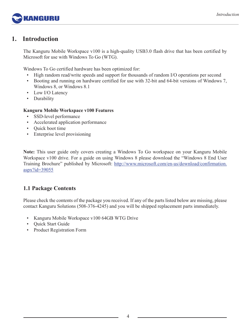 Introduction, 1 package contents | Kanguru Mobile Workspace v100 User Manual | Page 4 / 21