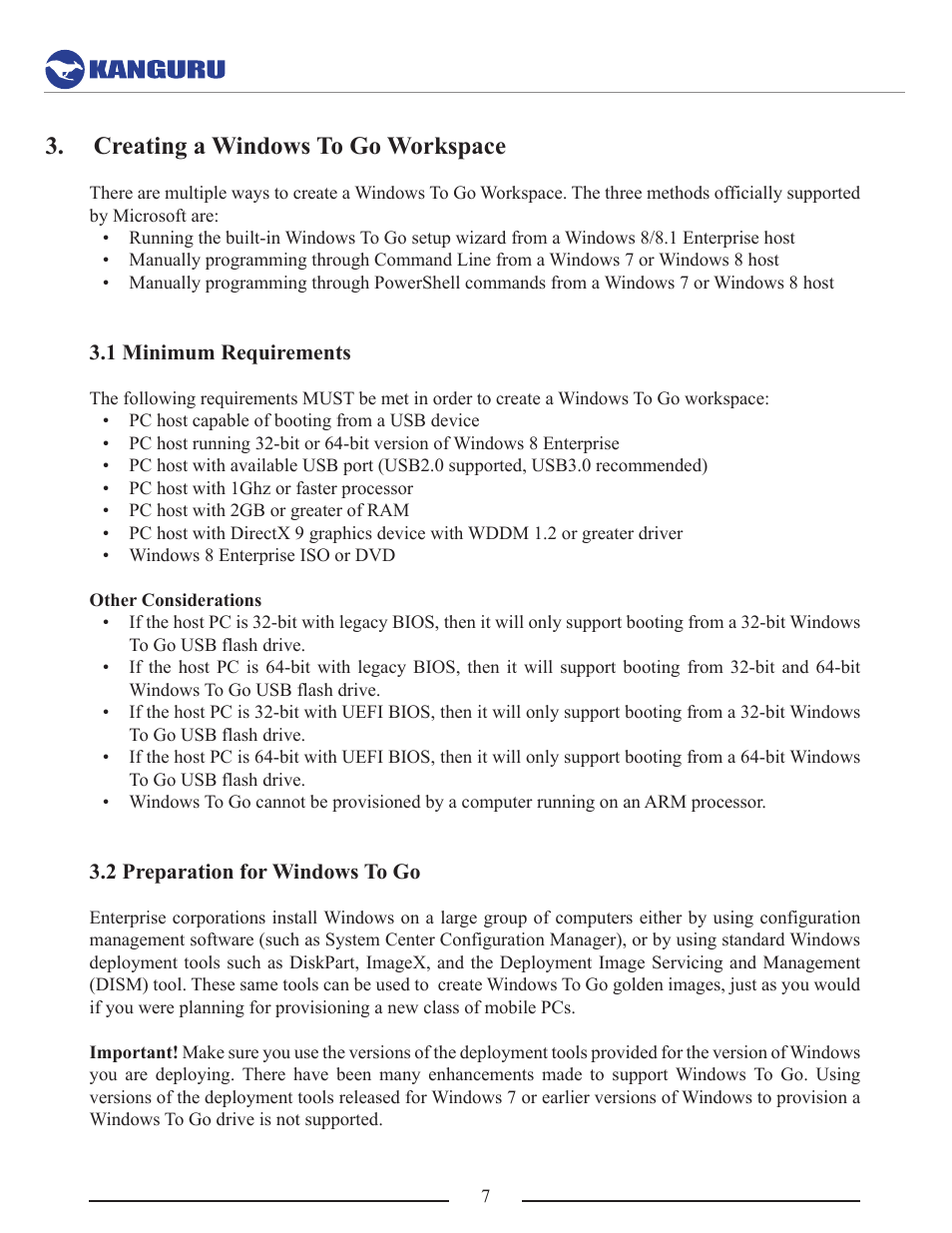 Creating a windows to go workspace, 1 minimum requirements, 2 preparation for windows to go | Kanguru Mobile Workspace v100 User Manual | Page 7 / 21