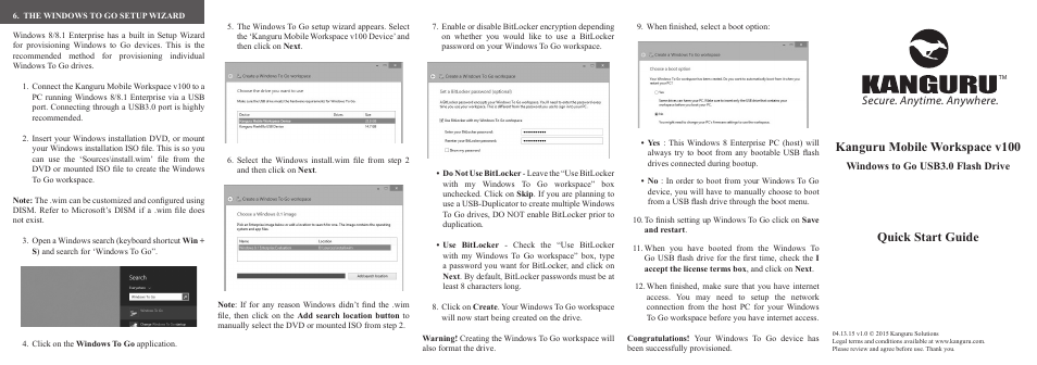 Kanguru Mobile Workspace v100 Quick Start User Manual | 2 pages