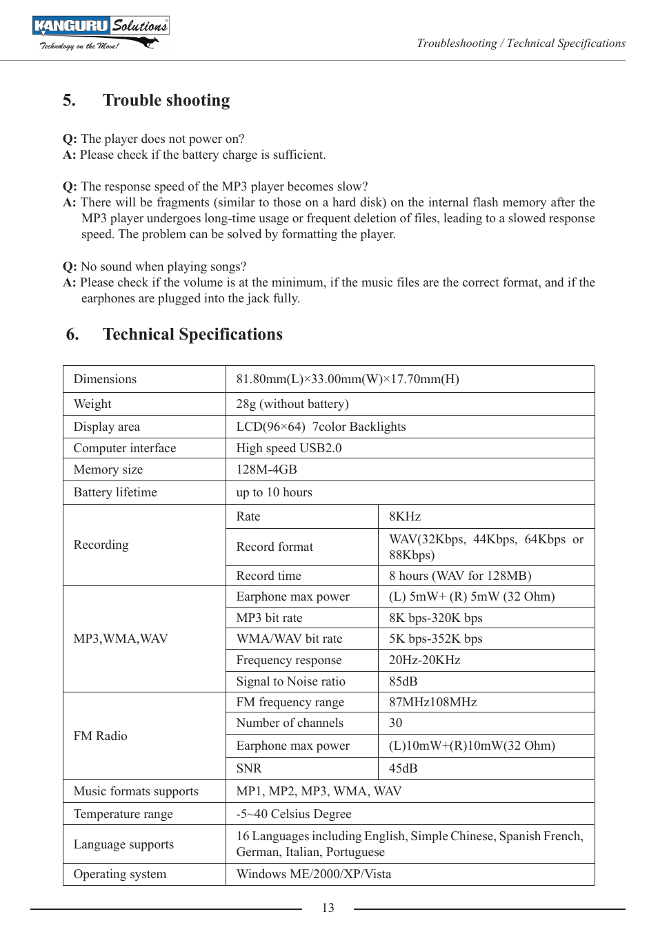 Trouble shooting, Troubleshooting, Technical specifications | Kanguru MP3 v3 User Manual | Page 13 / 14