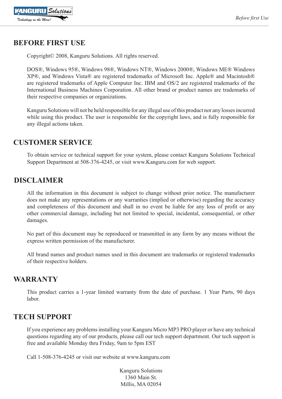 Before first use, Disclaimer, Customer service warranty | Tech support | Kanguru MP3 v3 User Manual | Page 2 / 14
