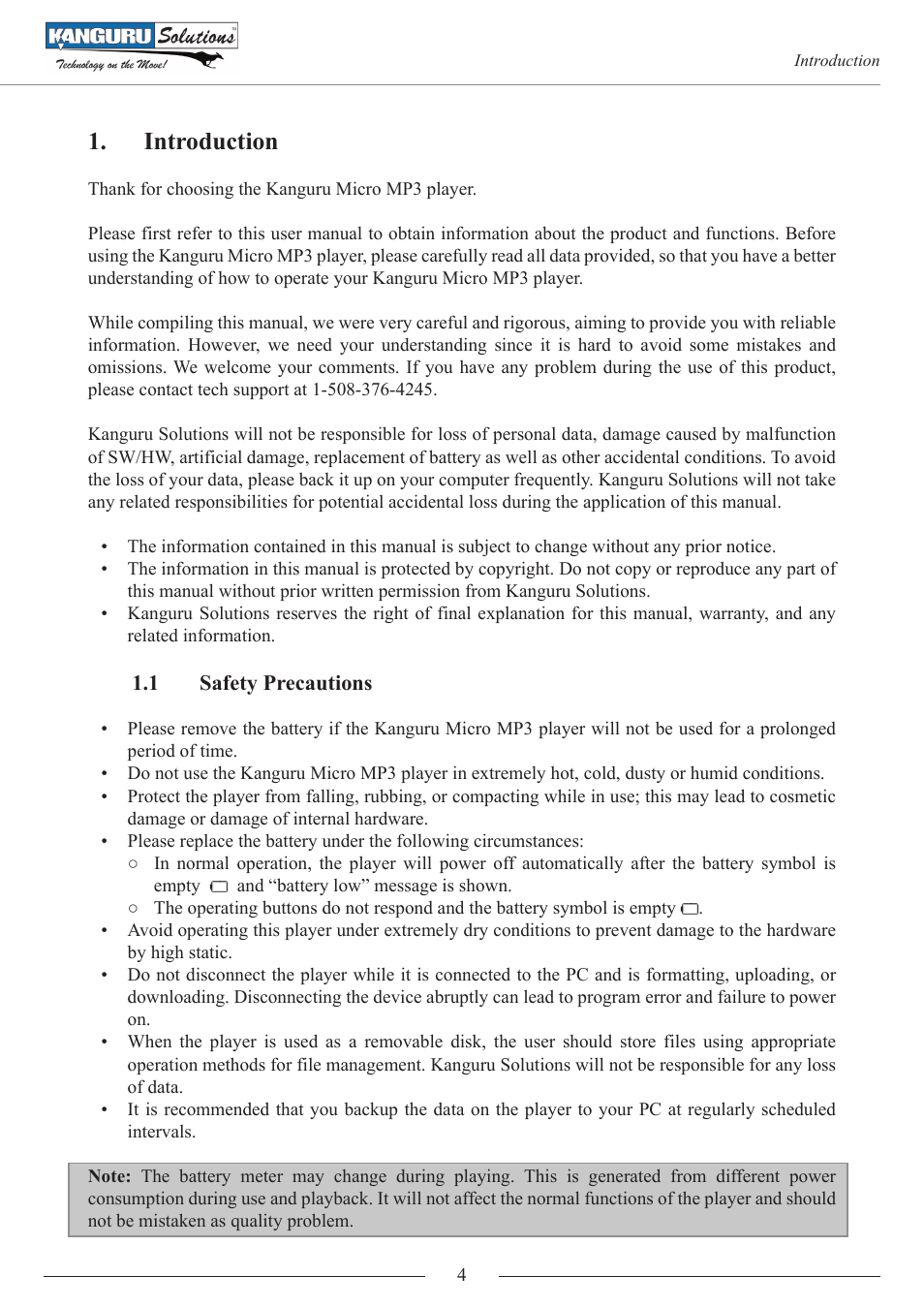 Introduction, 1 safety precautions | Kanguru MP3 v3 User Manual | Page 4 / 14